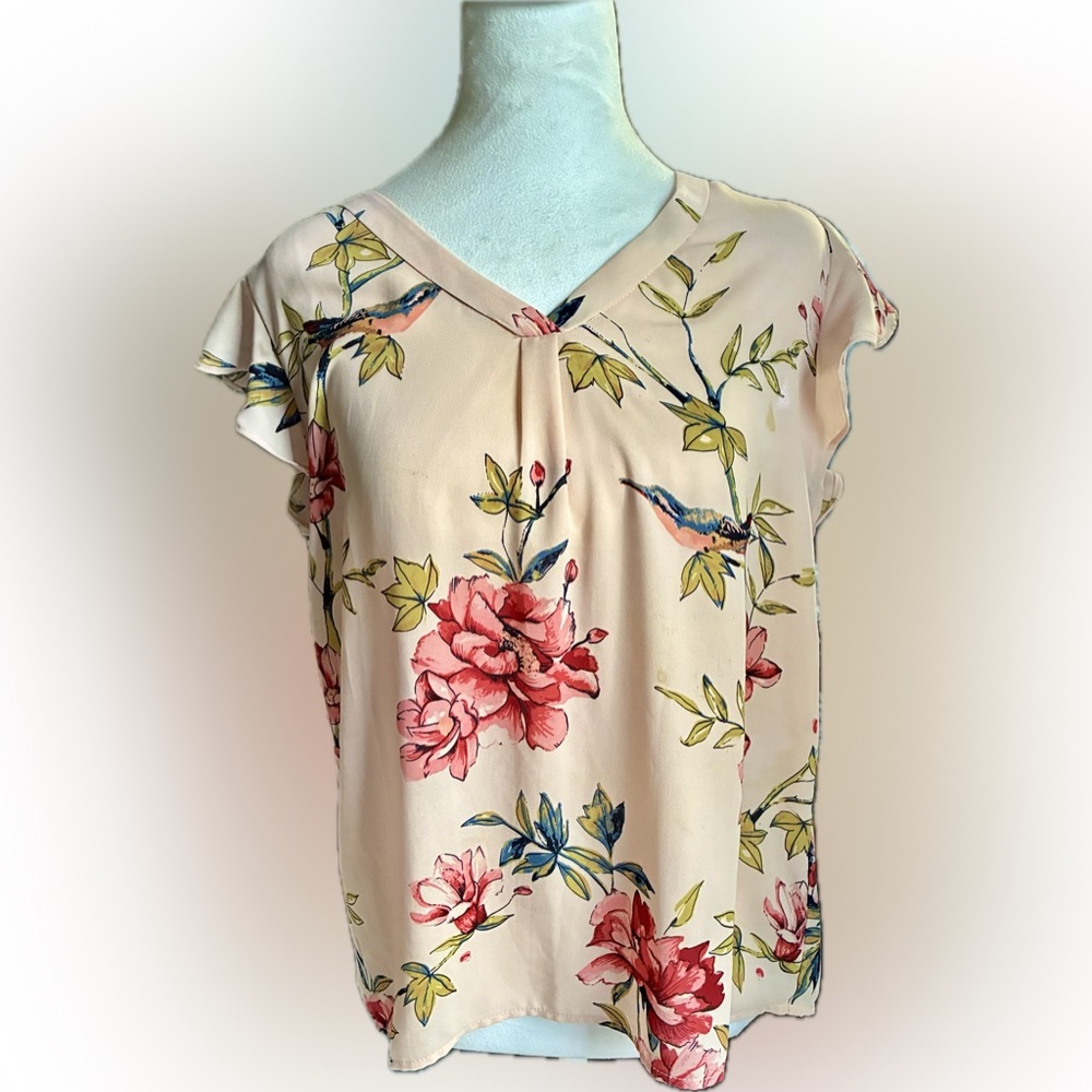 🦜 Premise Studio Cream Blouse with Floral and Bird Design